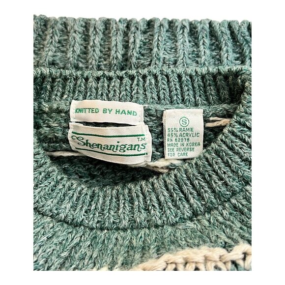 Shenanigans Hand Knit Womens S Cabincore Granny‎ Ramie Blend Green Sweater READ - Picture 8 of 10